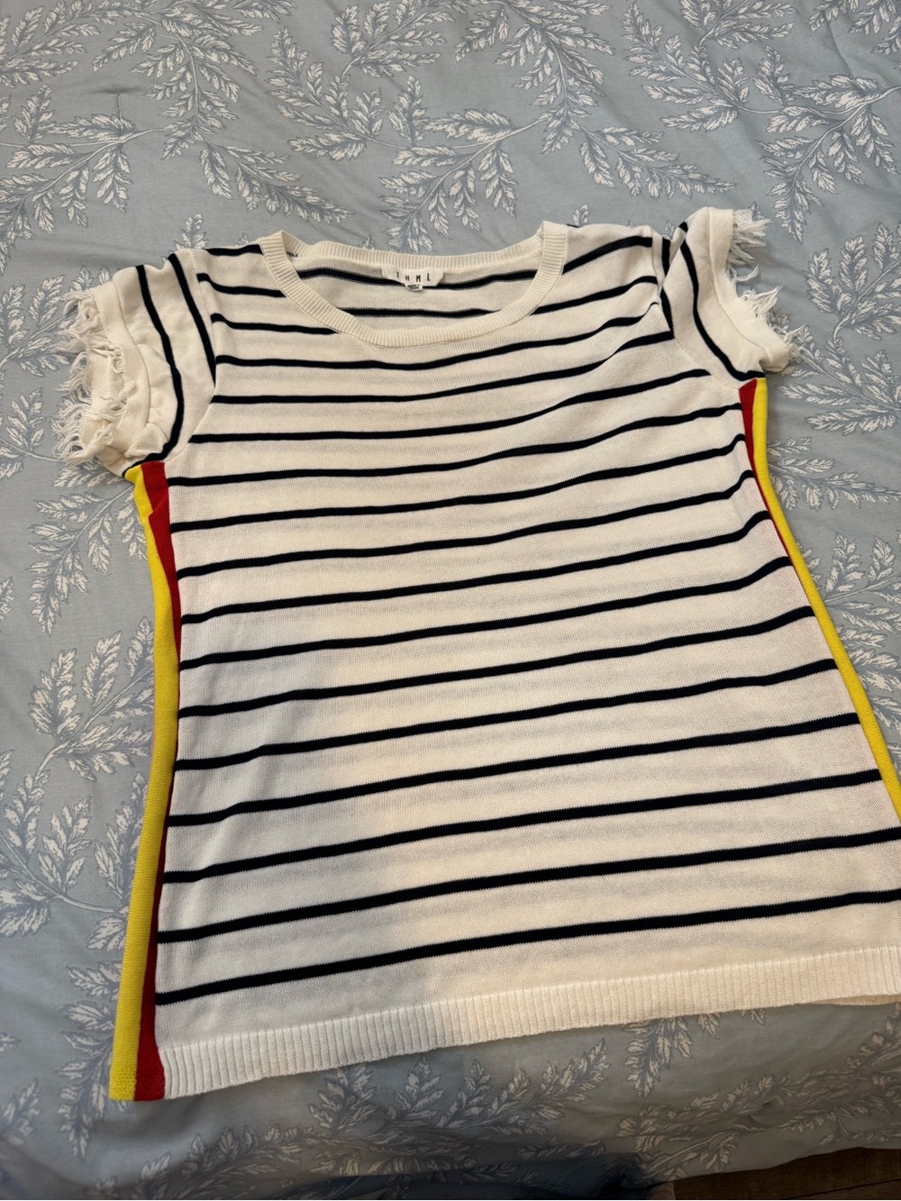 THML White & Black Striped Short Sleeve Top with Yellow and Red Side Trim